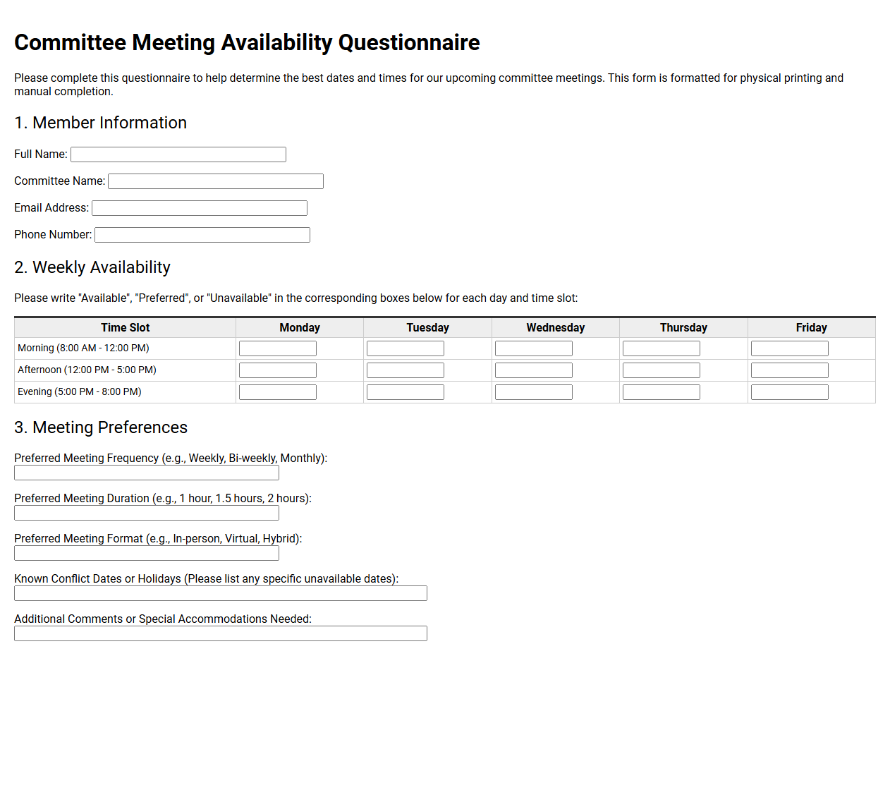Committee Meeting Availability Questionnaire