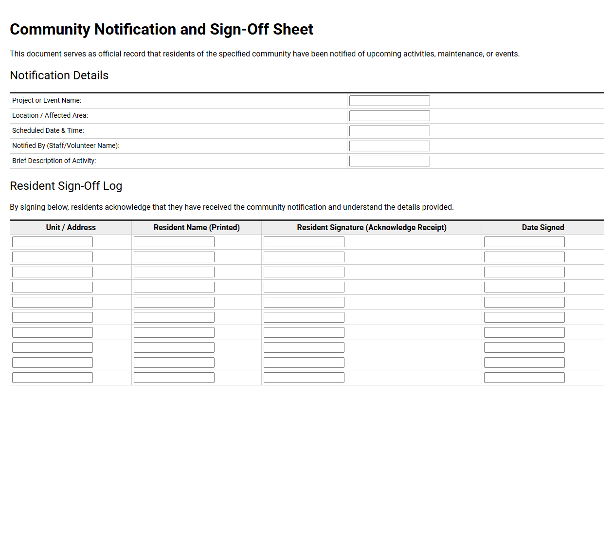 Community Notification and Sign-Off Sheet