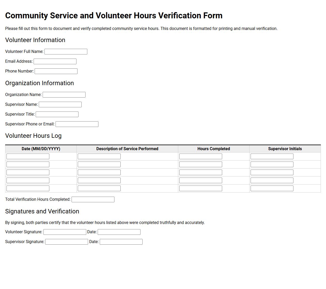 Community Service and Volunteer Hours Verification Form