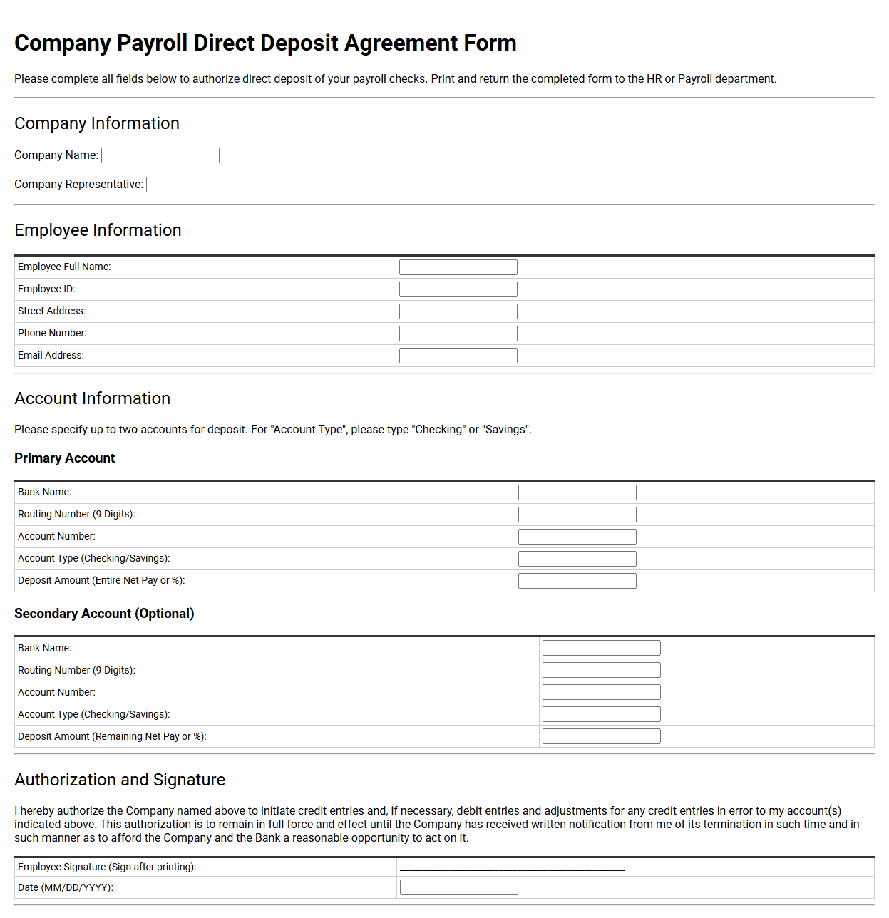 Company Payroll Direct Deposit Agreement Form