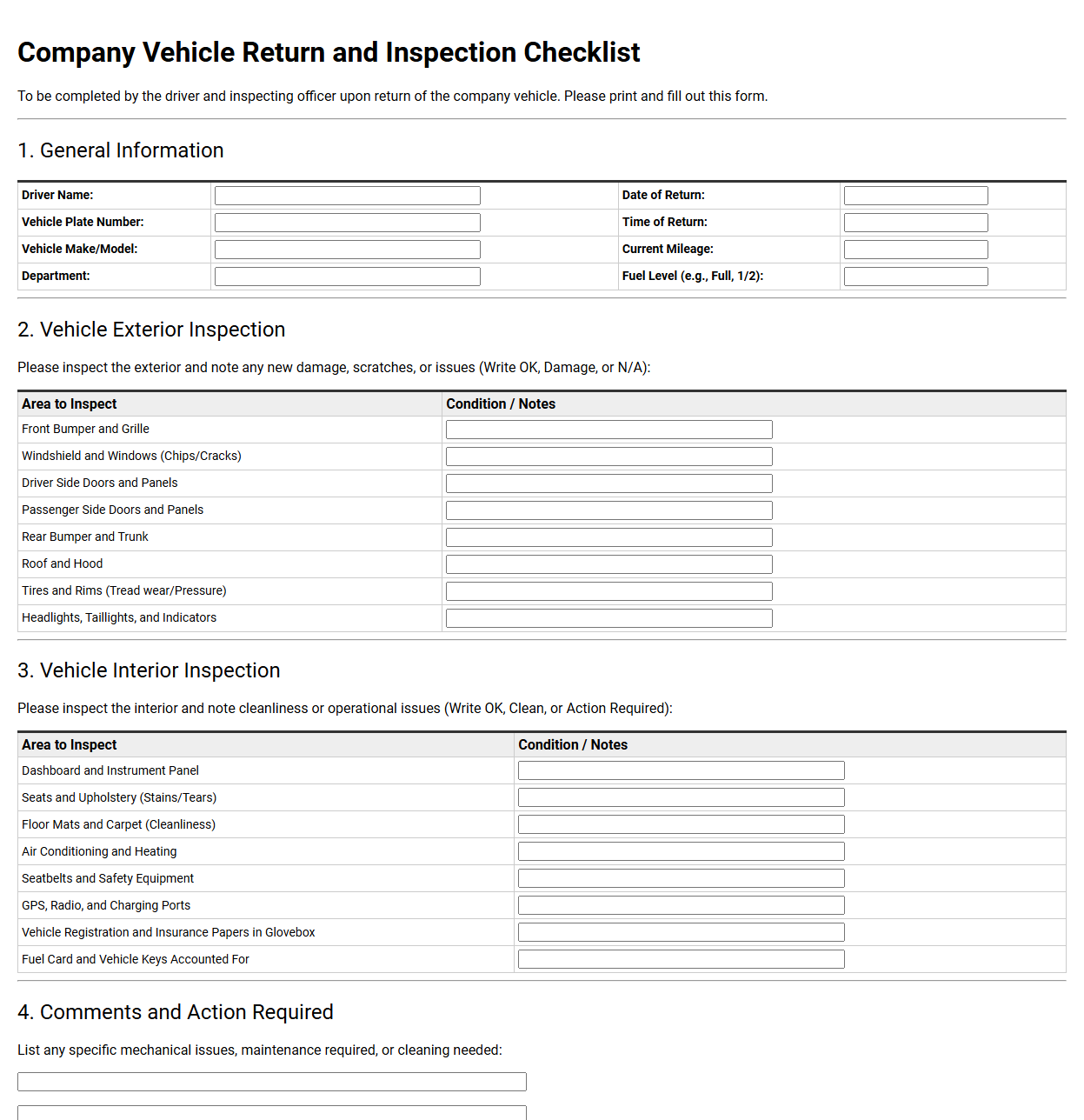 Company Vehicle Return and Inspection Checklist