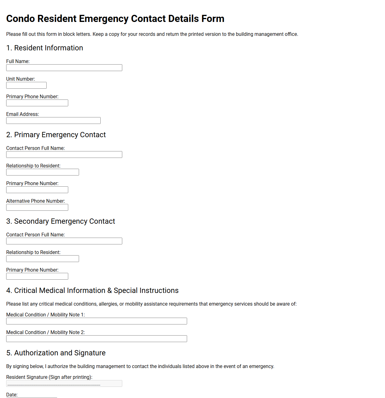 Condo Resident Emergency Contact Details Form