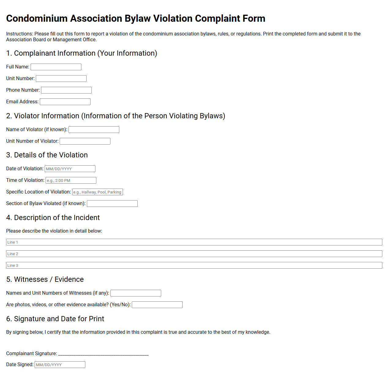 Condominium Association Bylaw Violation Complaint Form