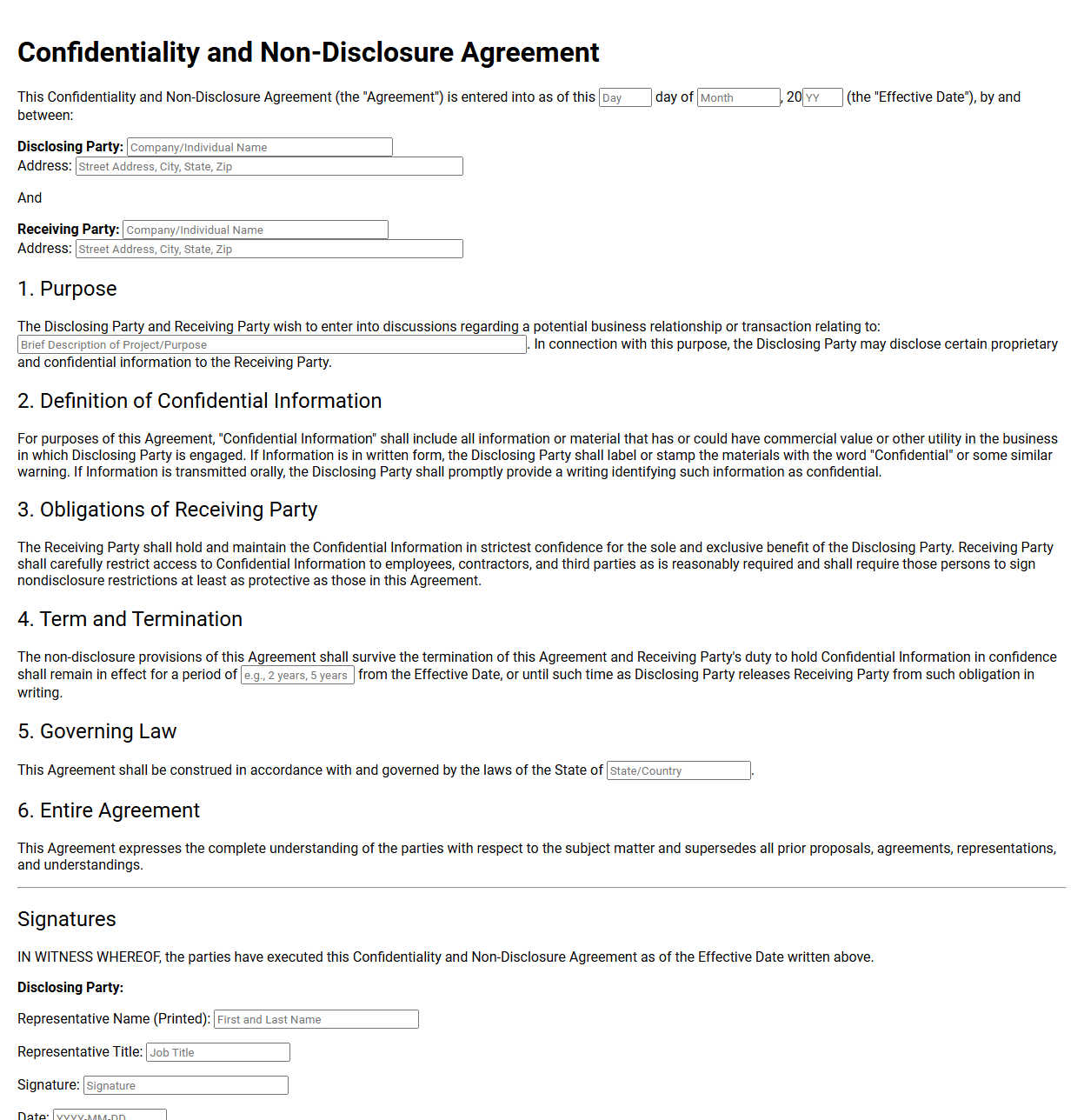 Confidentiality and Non Disclosure Agreement