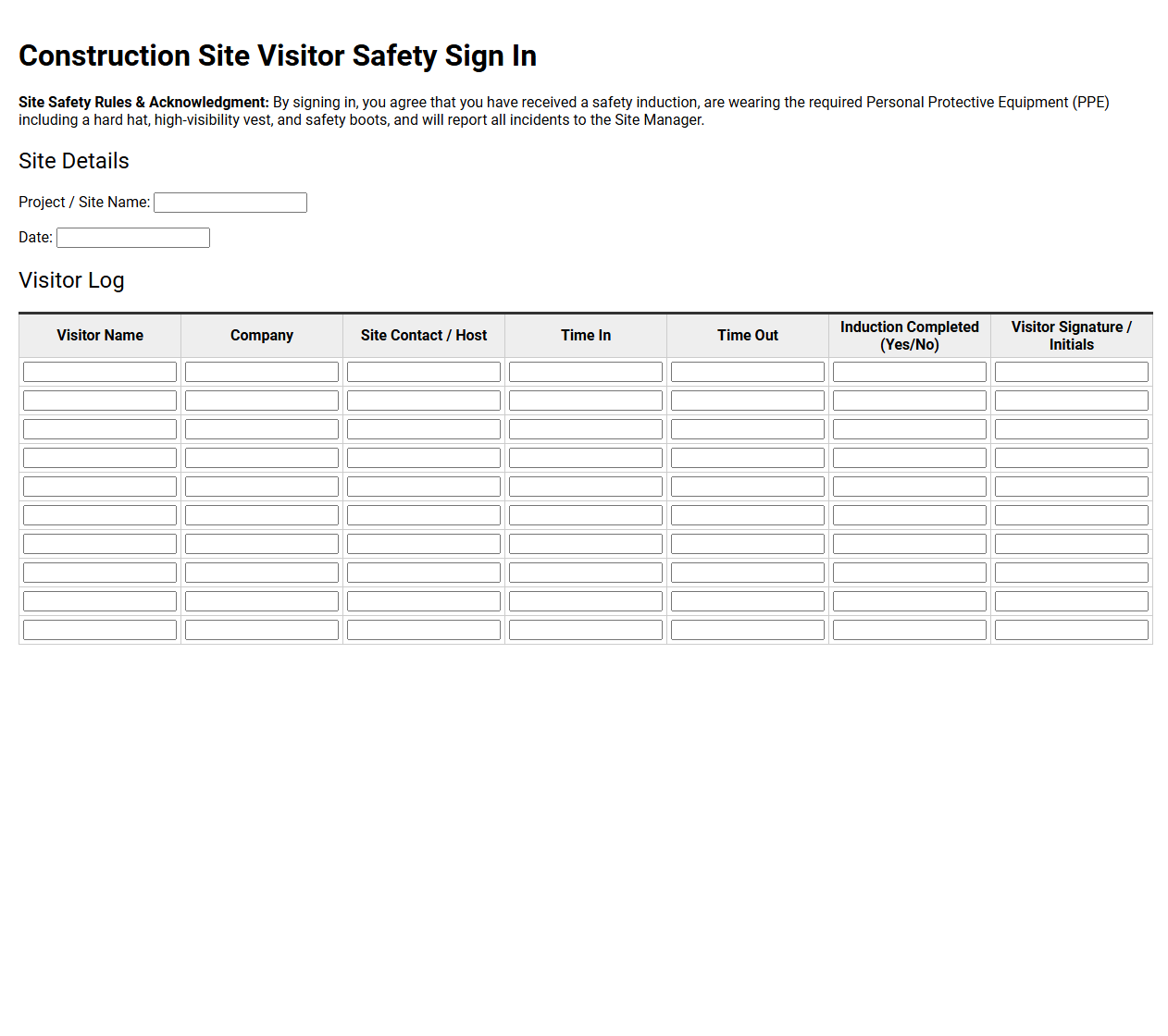 Construction Site Visitor Safety Sign In