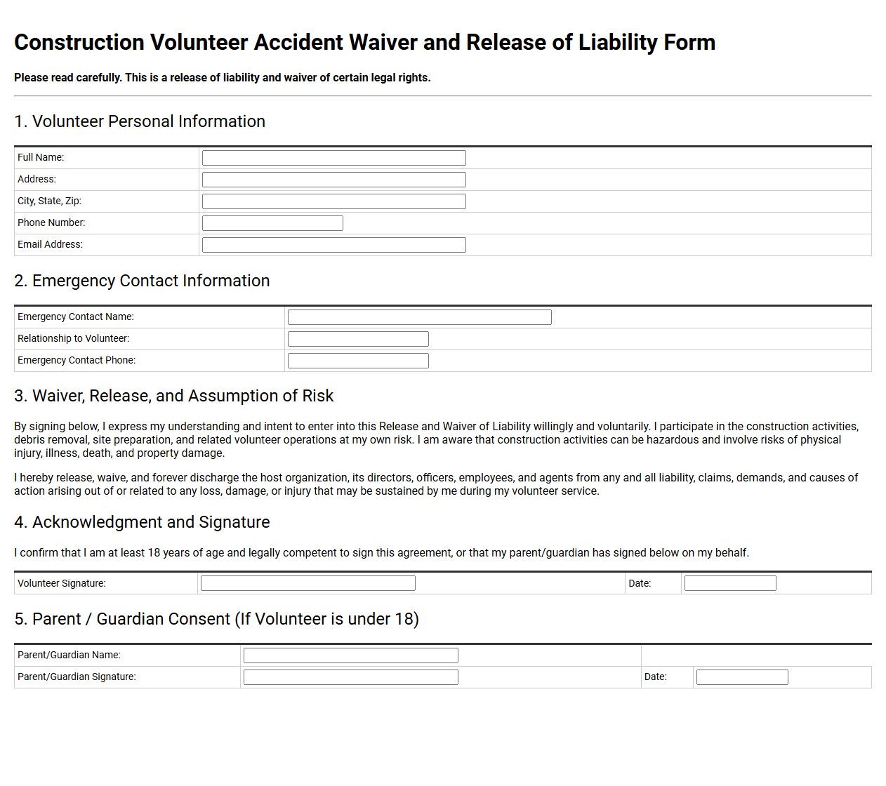 Construction Volunteer Accident Waiver Form