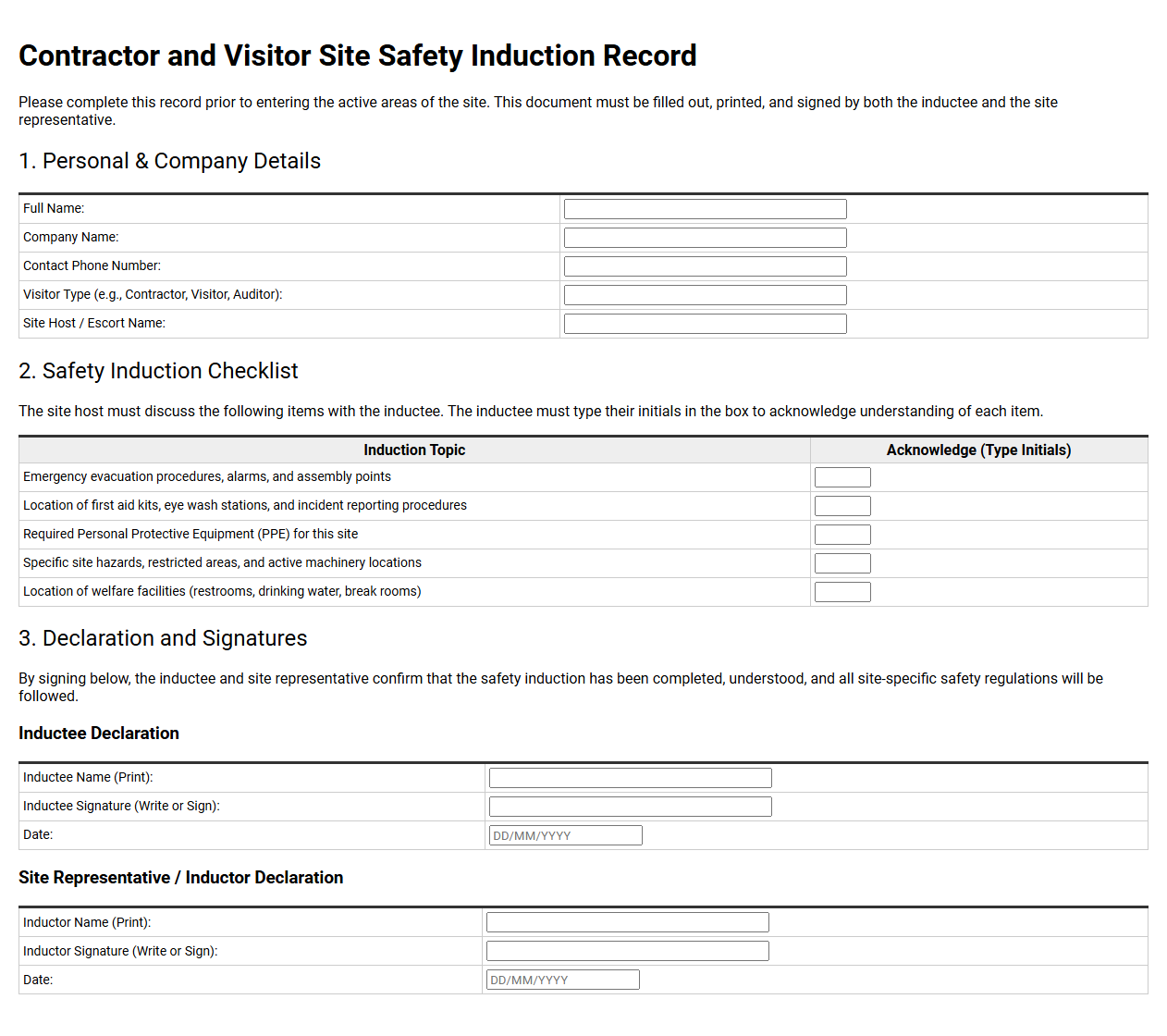 Contractor and Visitor Site Safety Induction Record