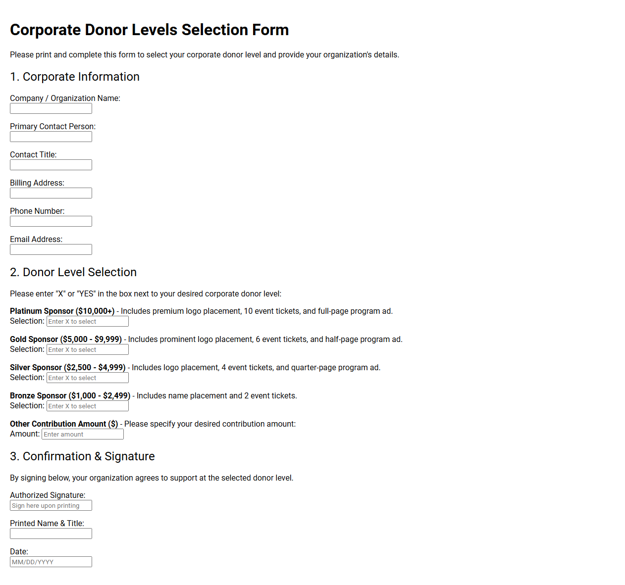 Corporate Donor Levels Selection Form