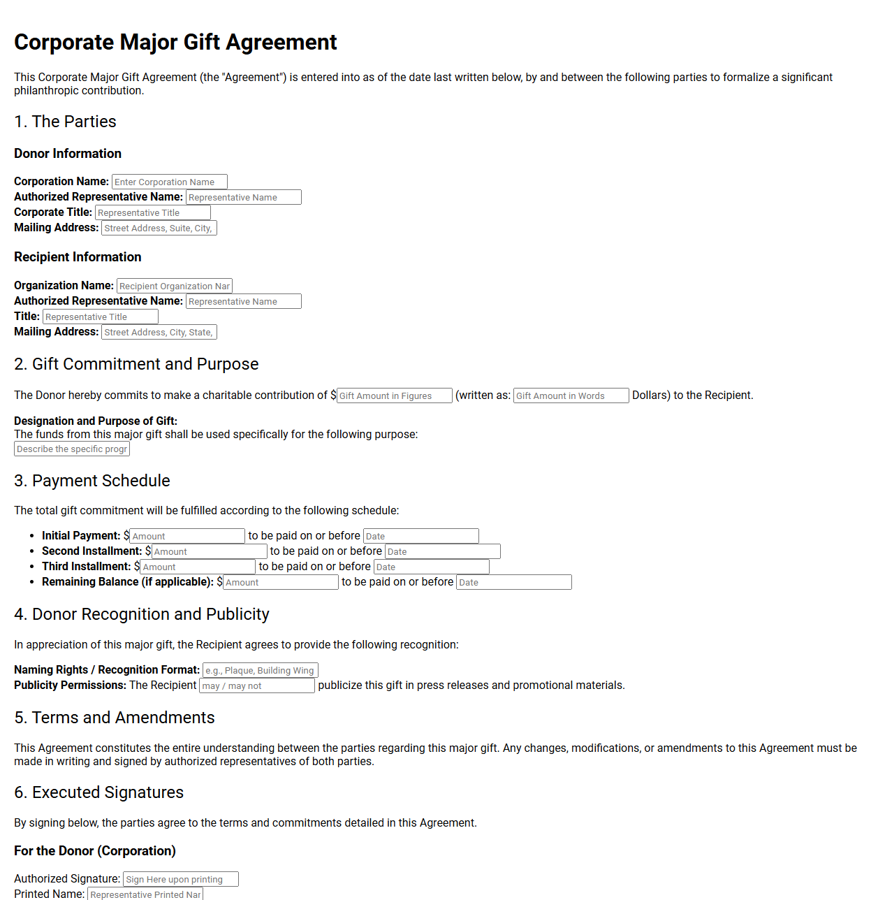Corporate Major Gift Agreement Template