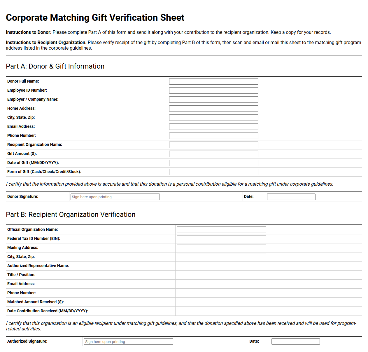 Corporate Matching Gift Verification Sheet