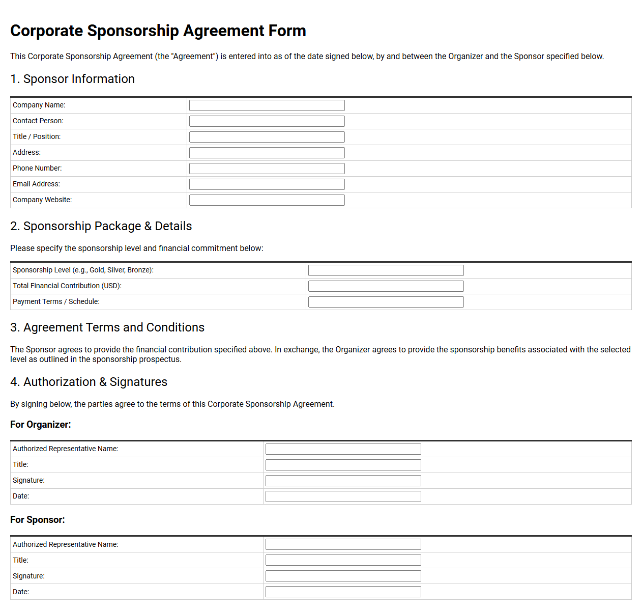 Corporate Sponsorship Agreement Form