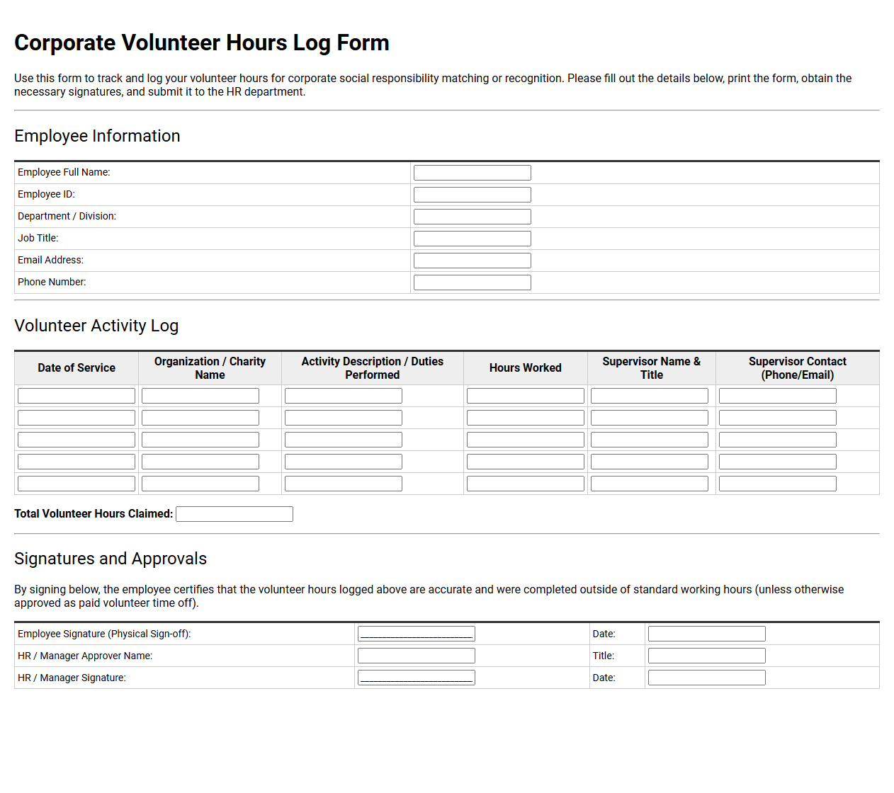 Corporate Volunteer Hours Log Form