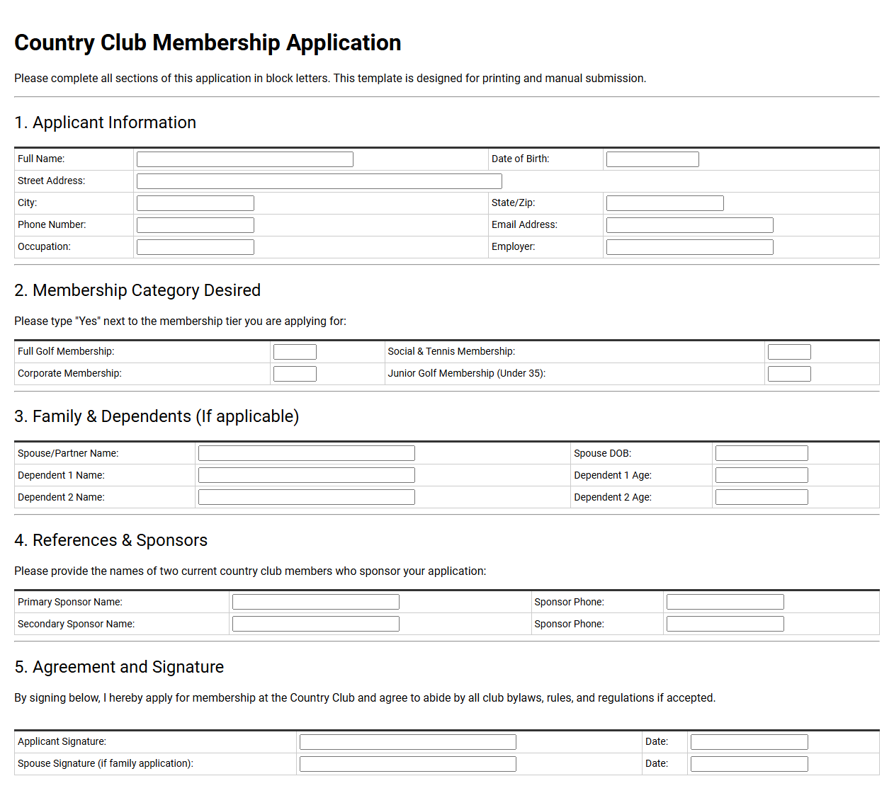 Country Club Member Application Template