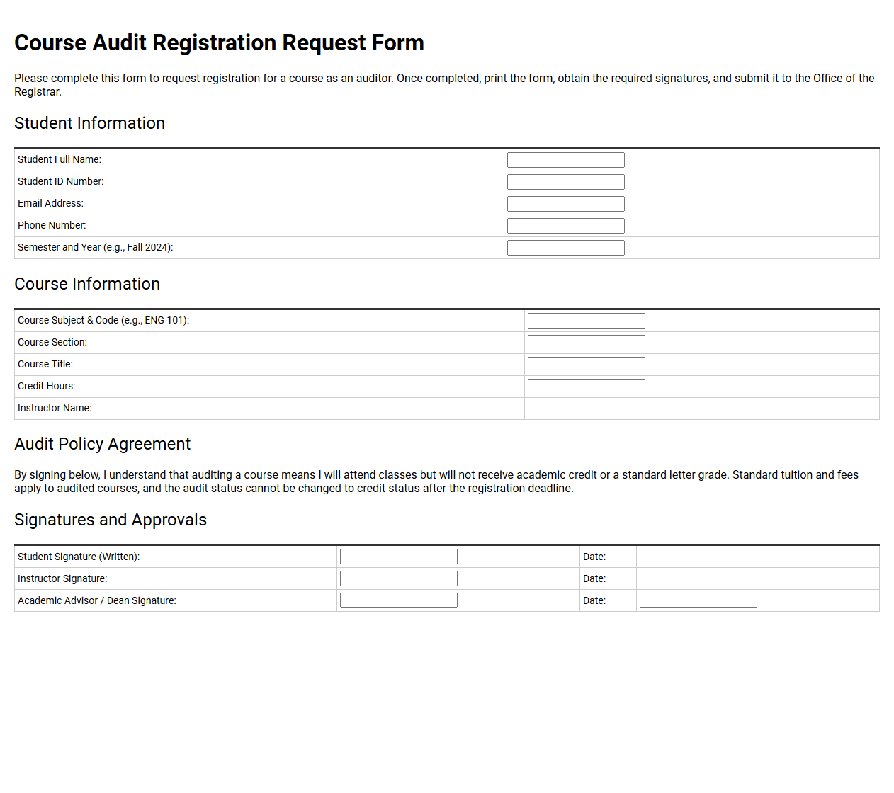 Course Audit Registration Request Form
