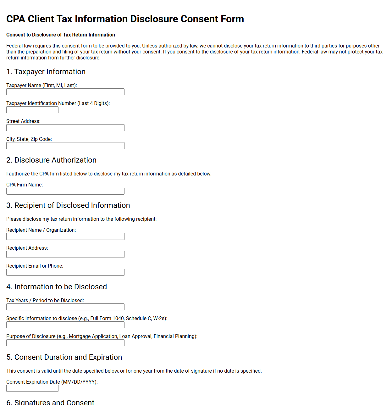CPA Client Tax Information Disclosure Consent Form