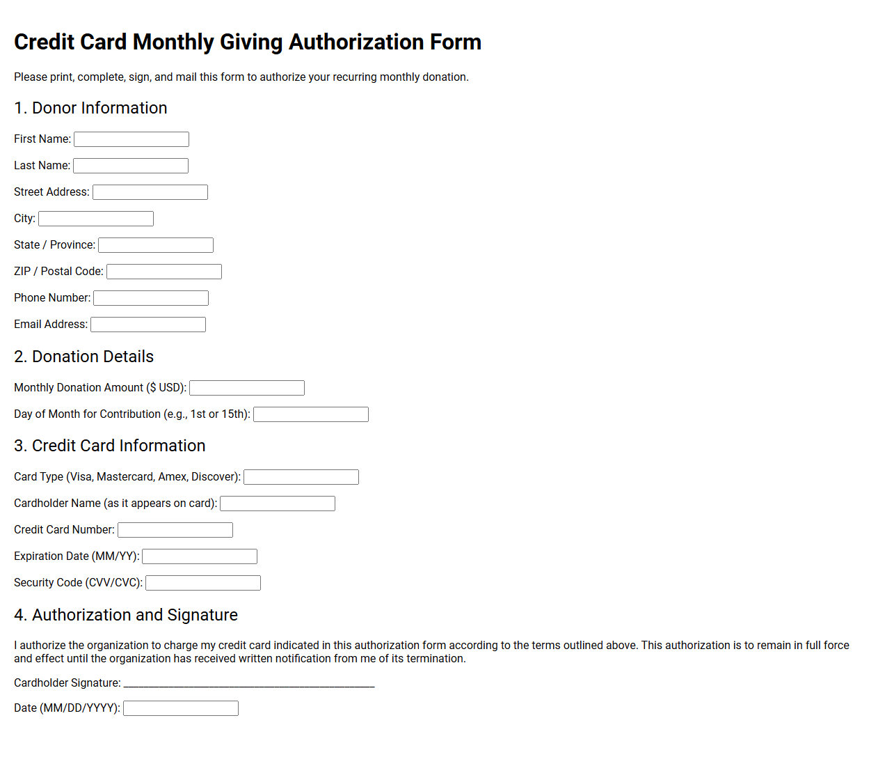 Credit Card Monthly Giving Authorization Form