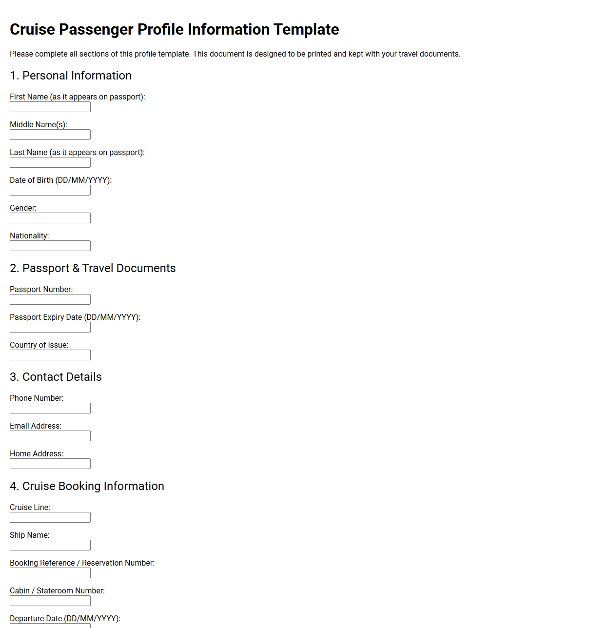 Cruise Passenger Profile Information Template