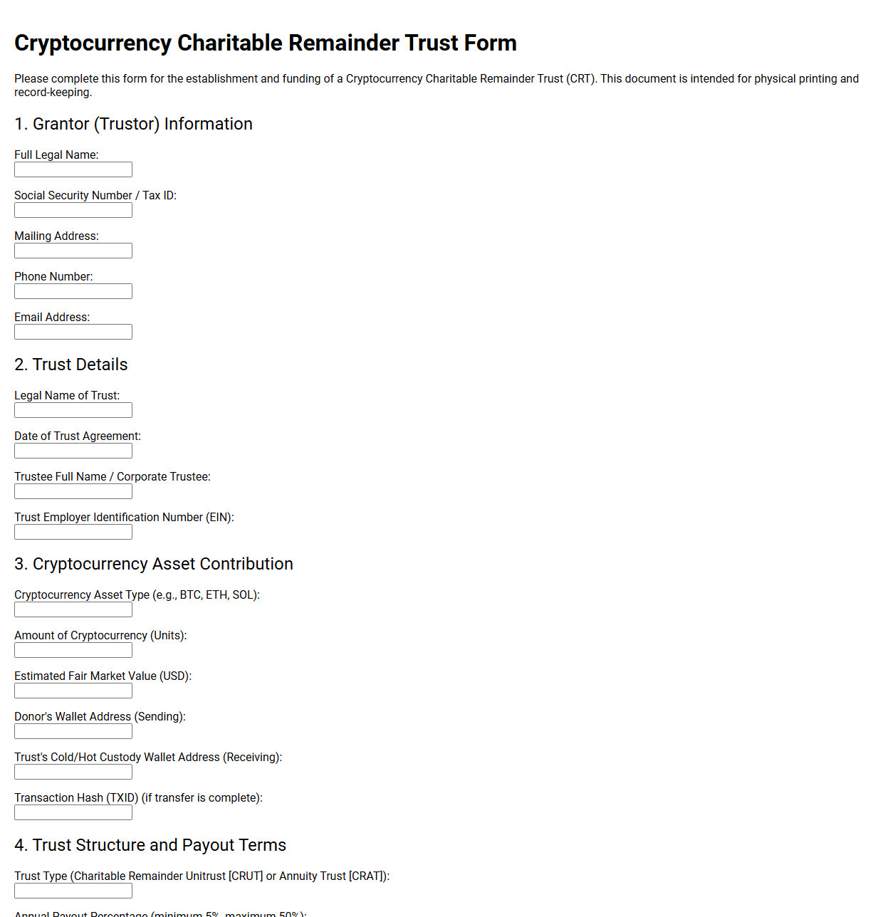Cryptocurrency Charitable Remainder Trust Form