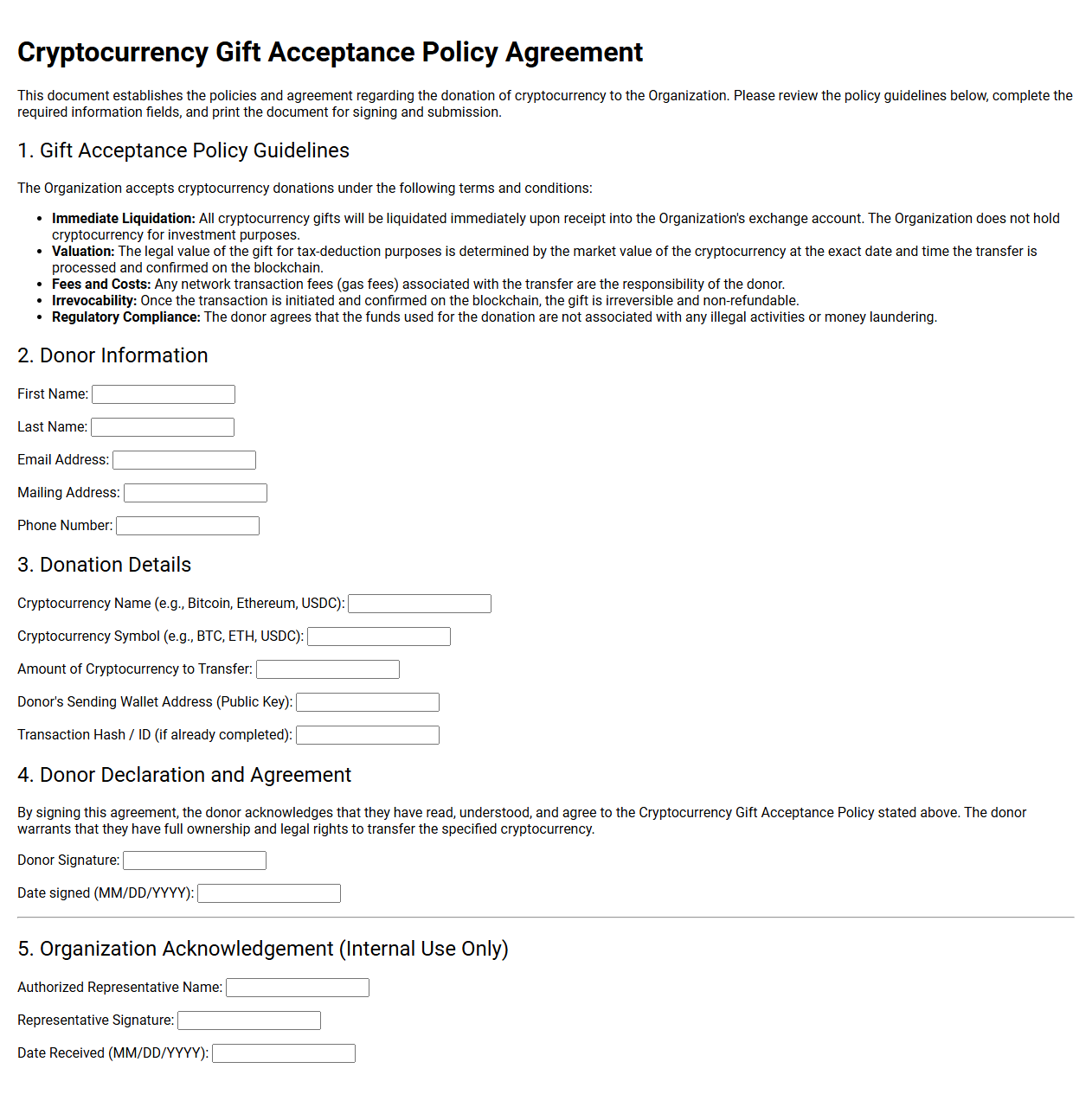 Cryptocurrency Gift Acceptance Policy Agreement