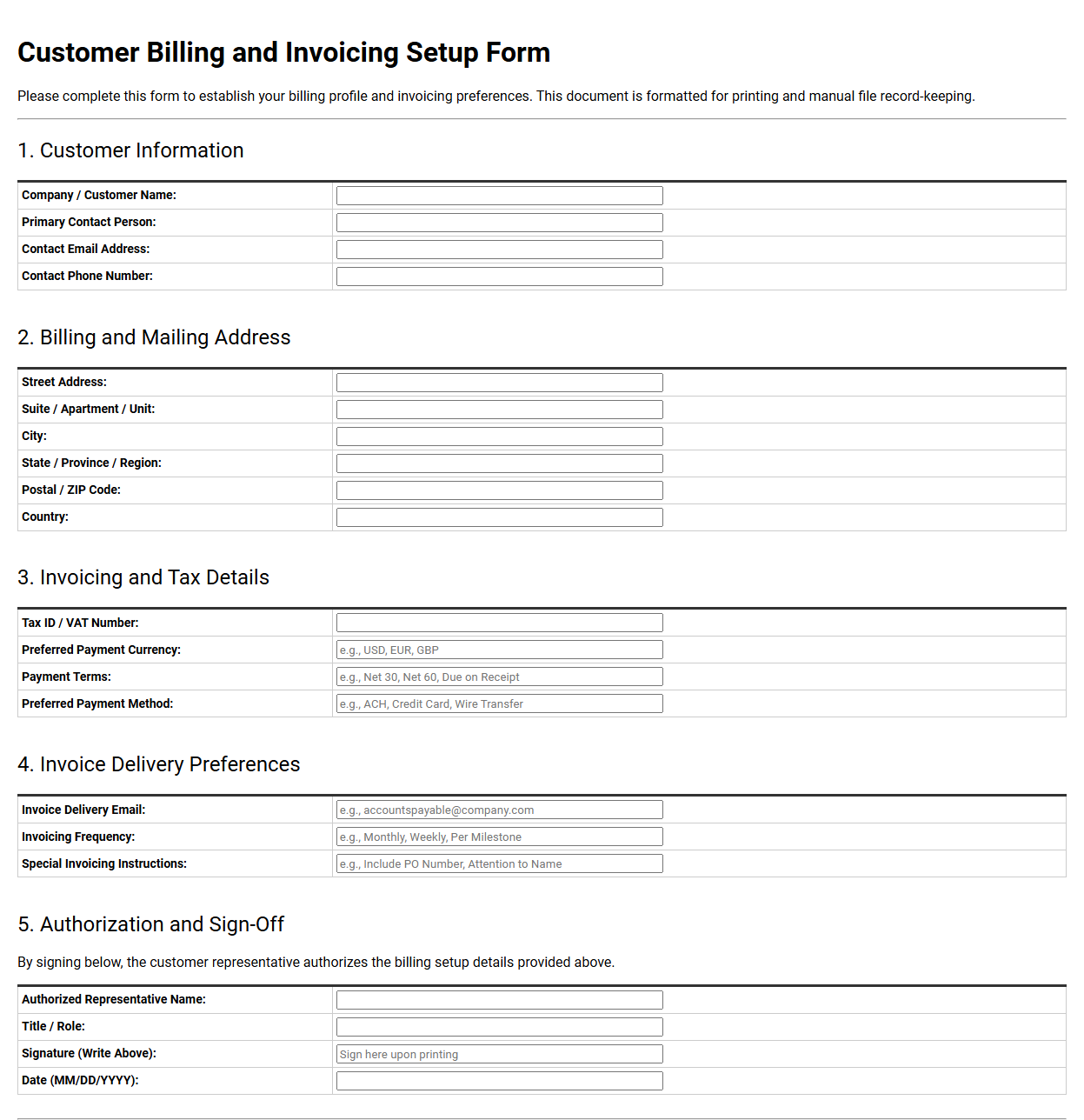Customer Billing and Invoicing Setup Form