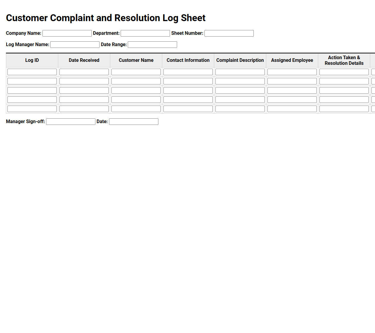 Customer Complaint and Resolution Log Sheet