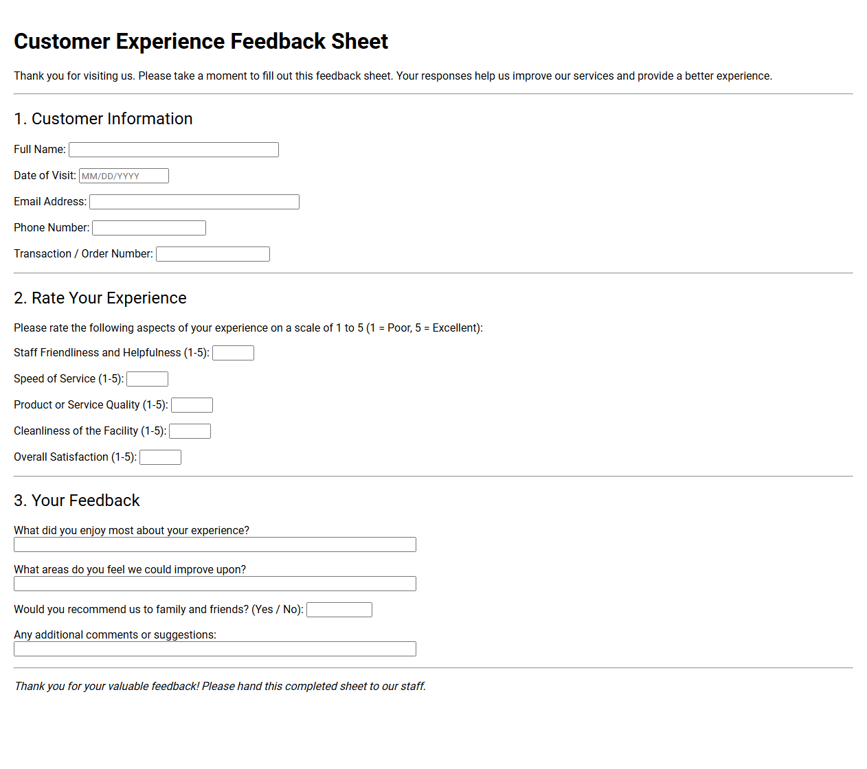 Customer Experience Feedback Sheet