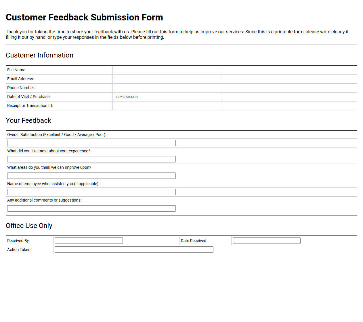 Customer Feedback Submission Form