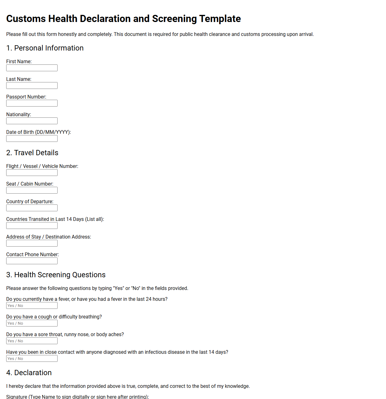 Customs Health Declaration and Screening Template