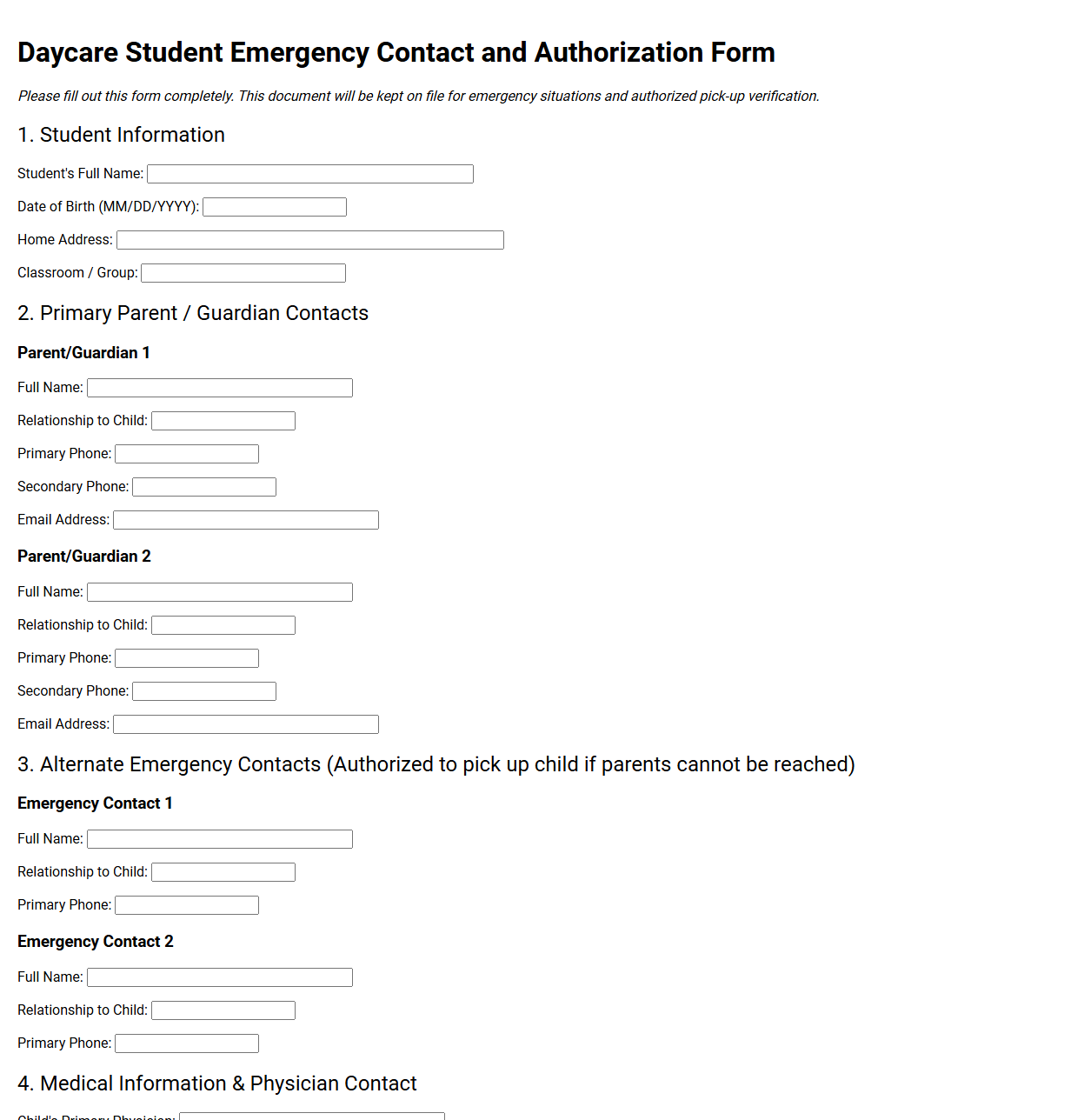 Daycare Student Emergency Contact and Authorization Form