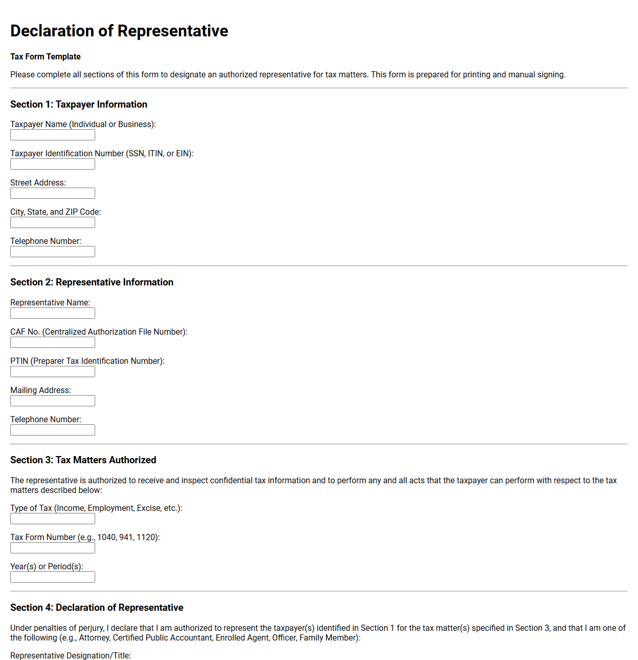 Declaration of Representative Tax Form Template