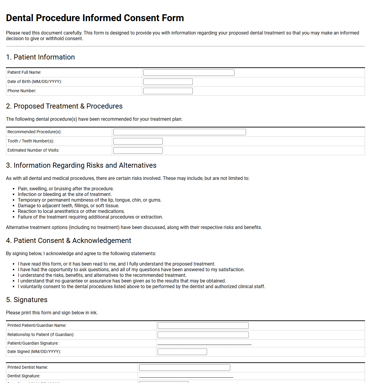 Dental Procedure Informed Consent Form