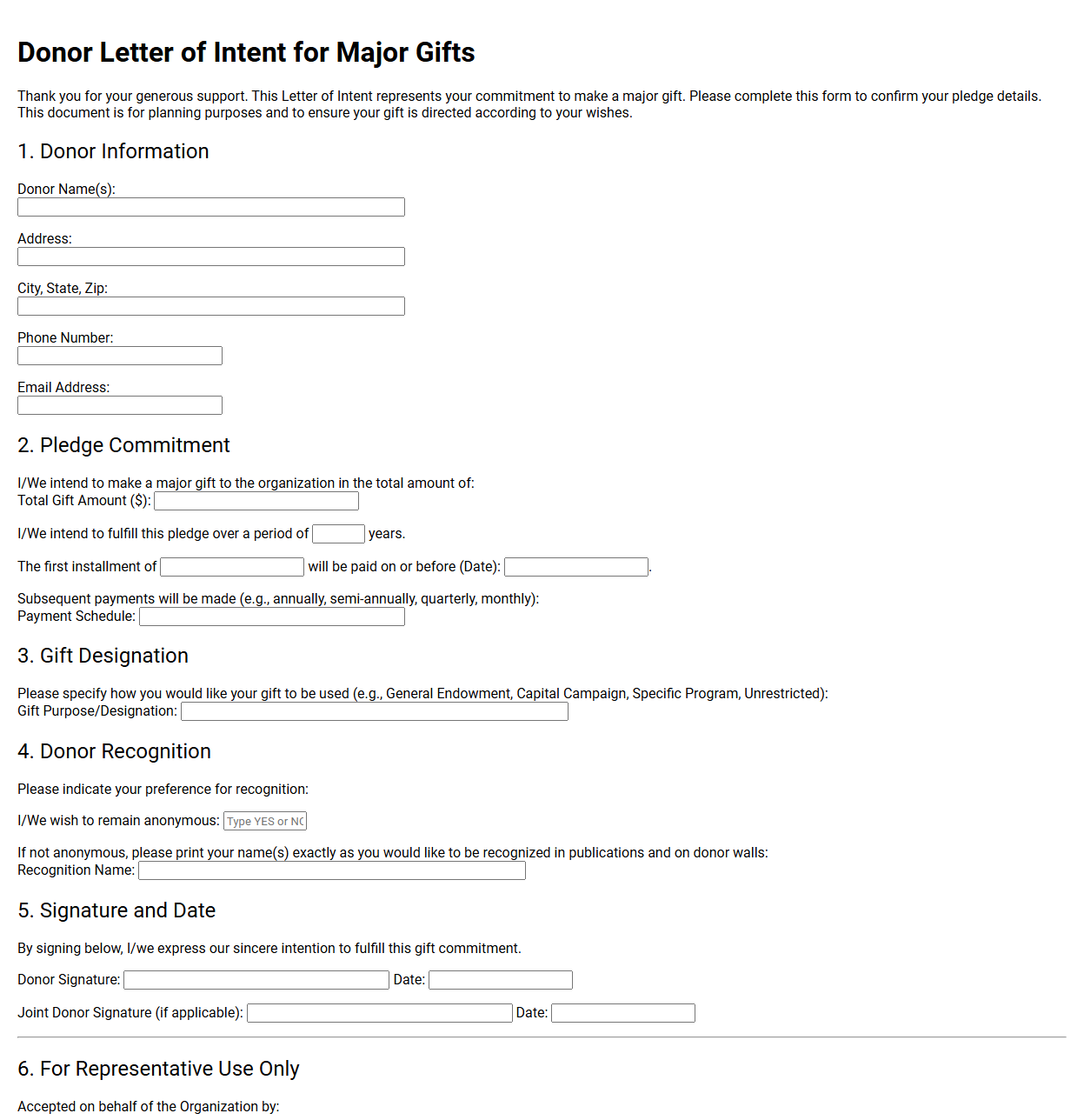 Donor Letter of Intent for Major Gifts