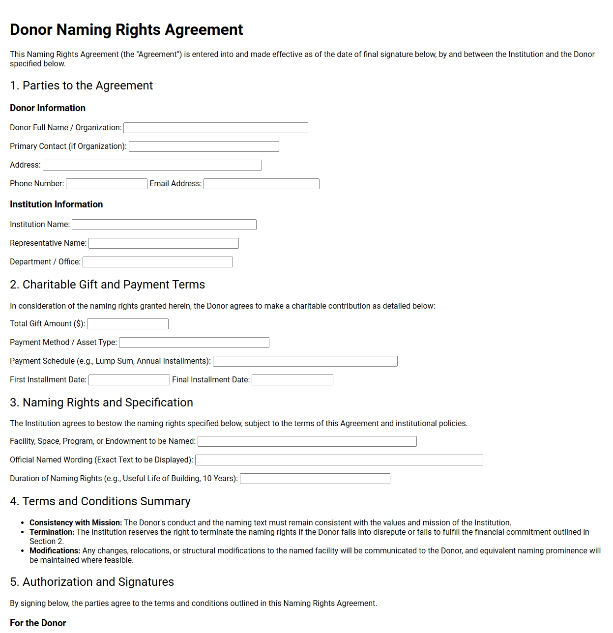 Donor Naming Rights Agreement Form