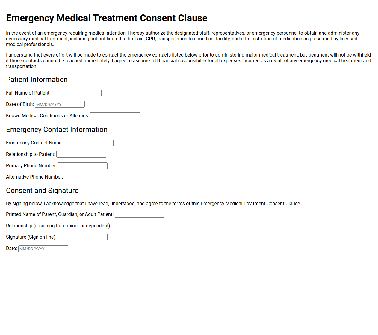 Emergency Medical Treatment Consent Clause