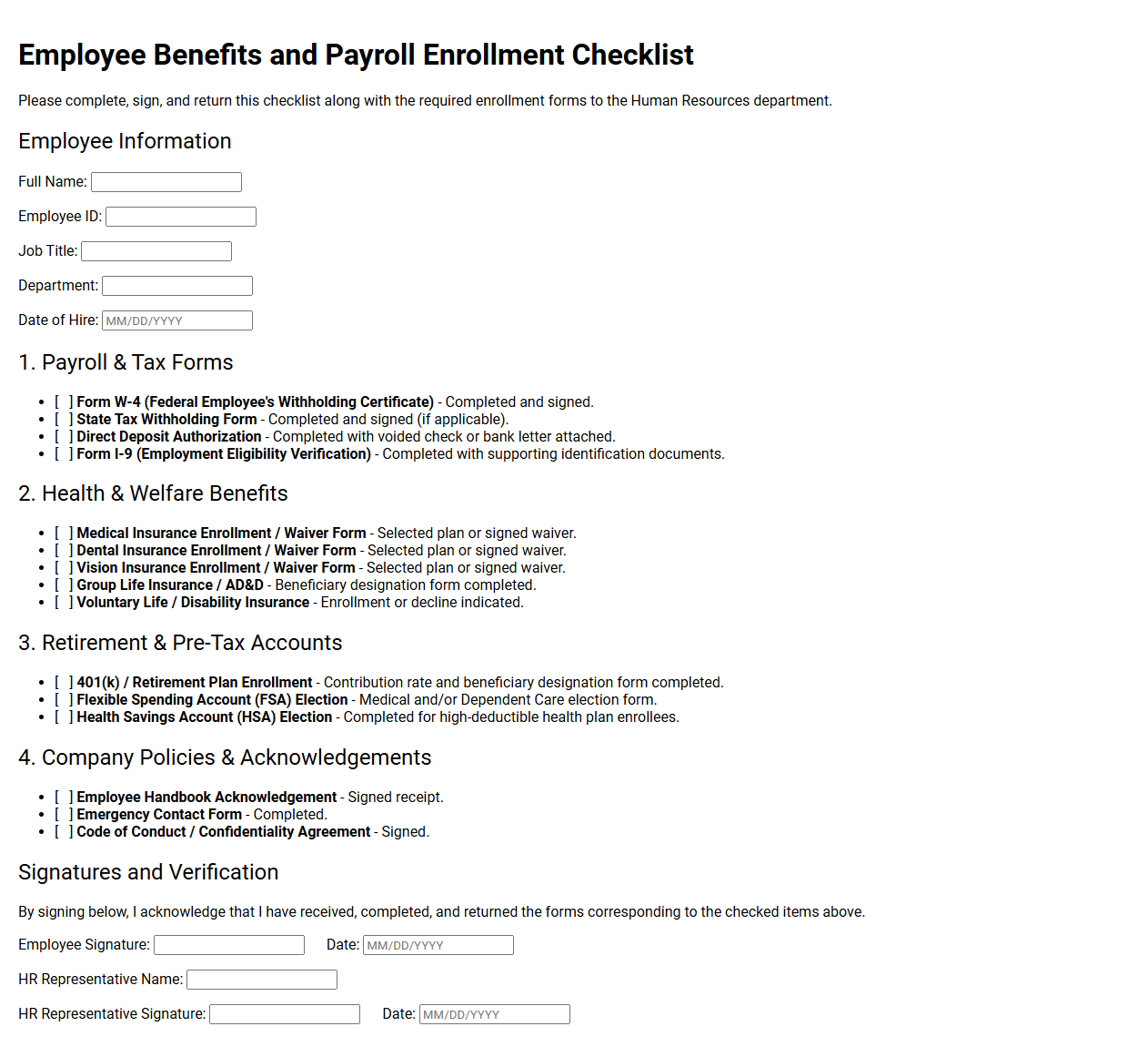 Employee Benefits and Payroll Enrollment Checklist