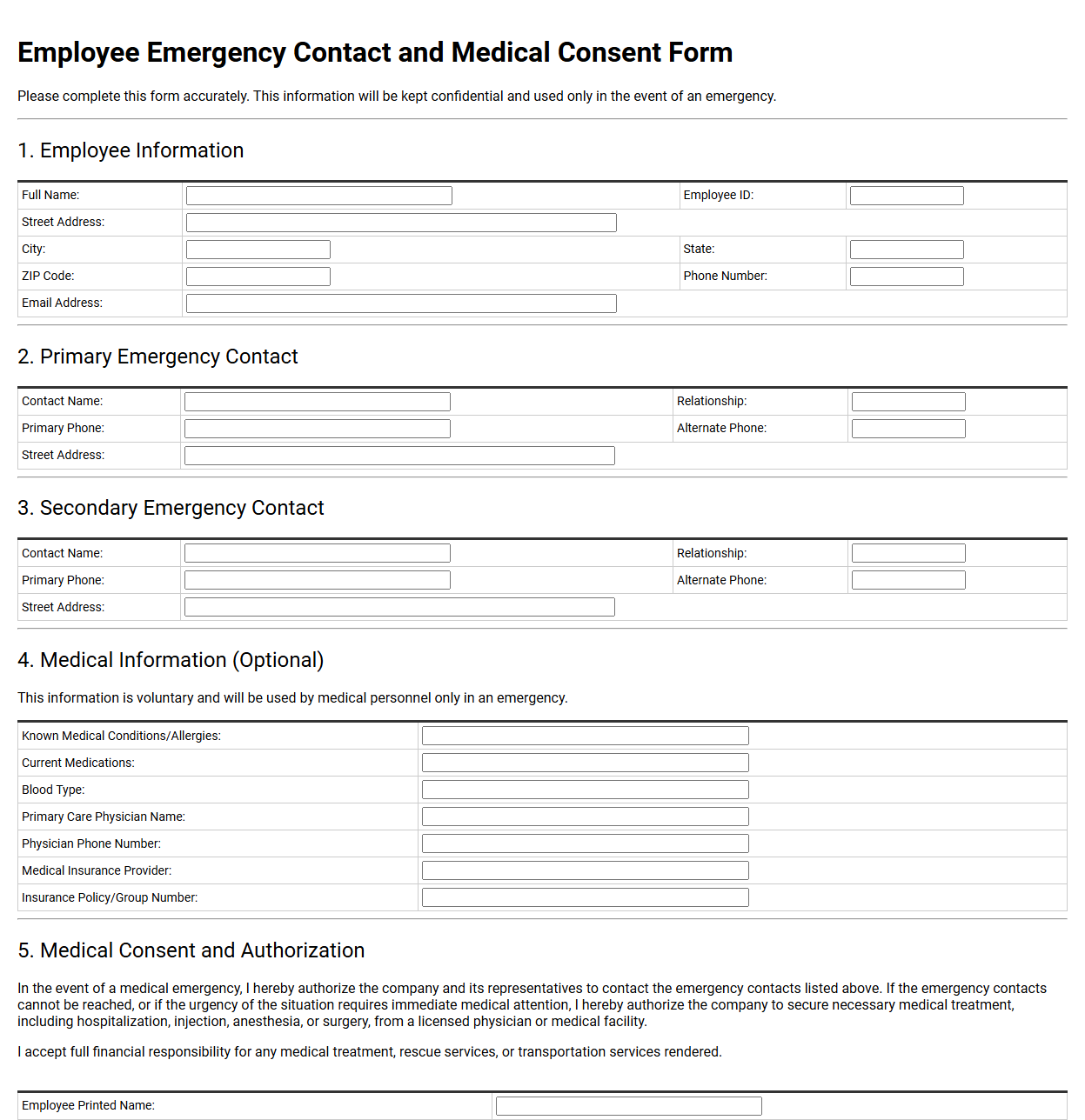 Employee Emergency Contact and Medical Consent Form