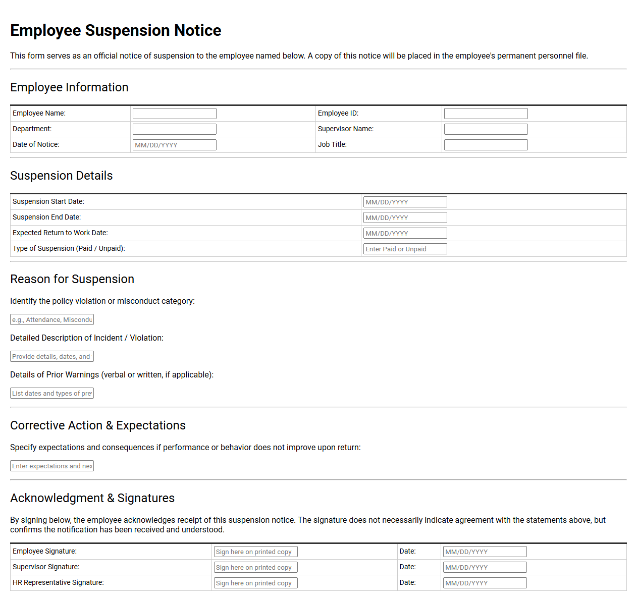 Employee Suspension Notice Form Template