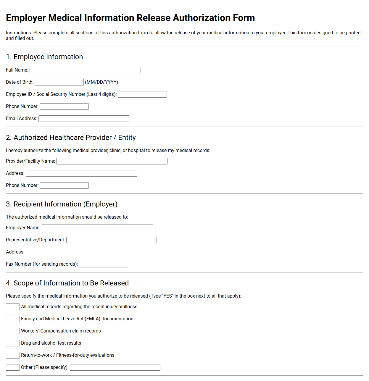 Employer Medical Information Release Authorization Form