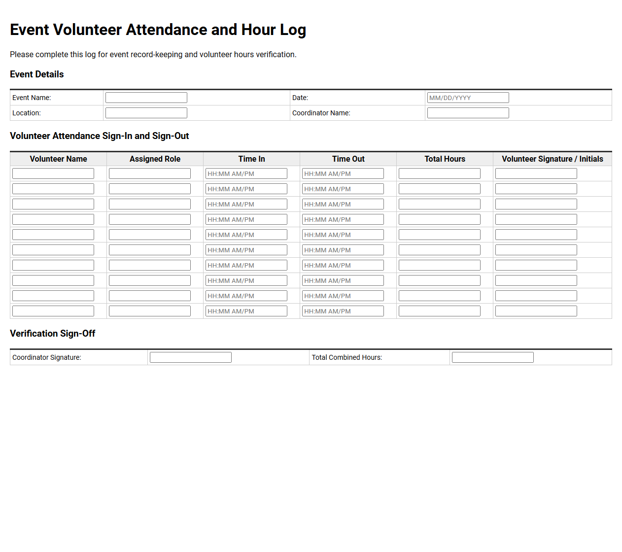 Event Volunteer Attendance and Hour Log