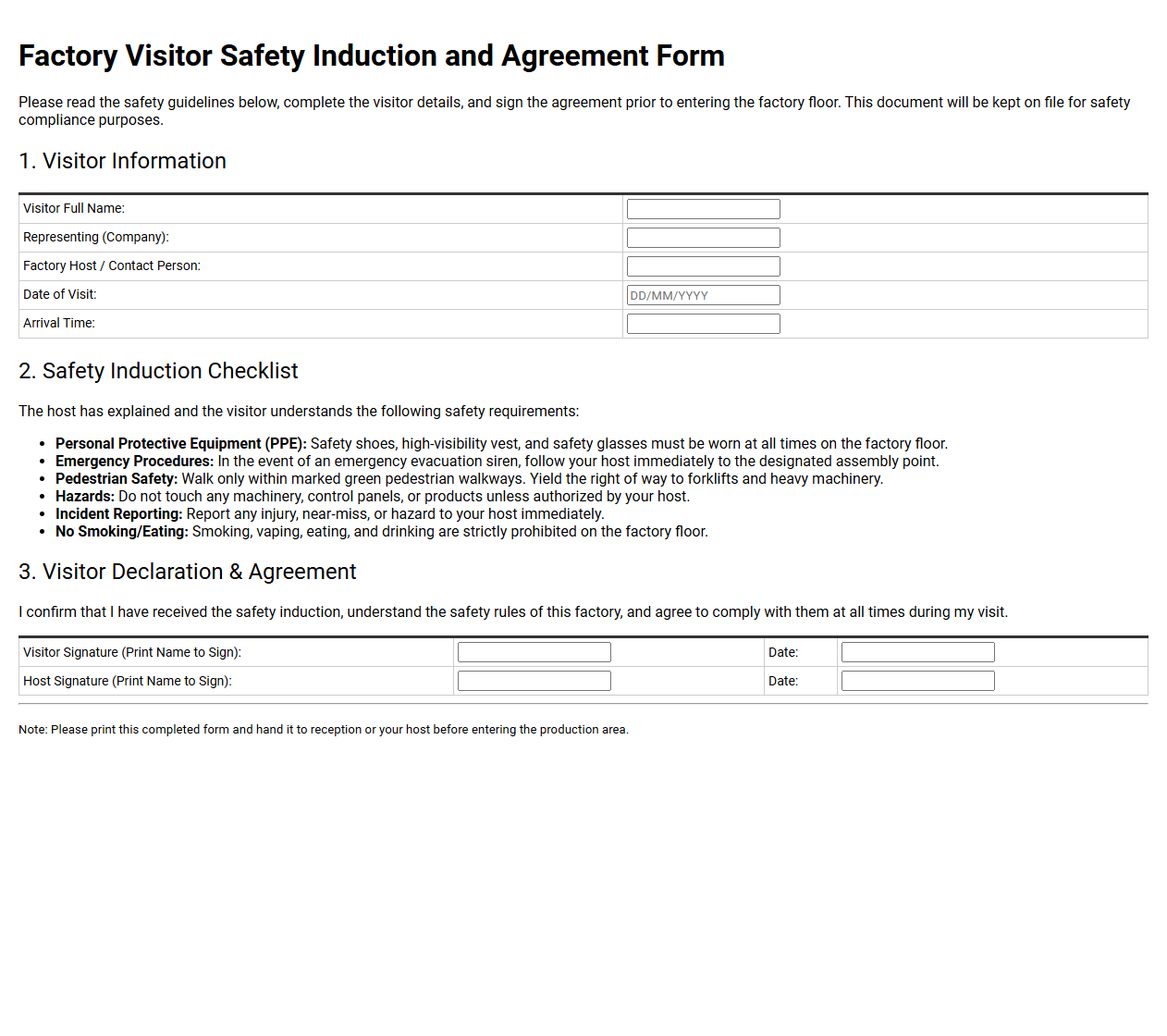 Factory Visitor Safety Induction and Agreement Form