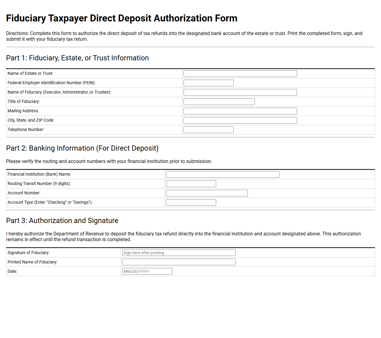 Fiduciary Taxpayer Direct Deposit Authorization Form
