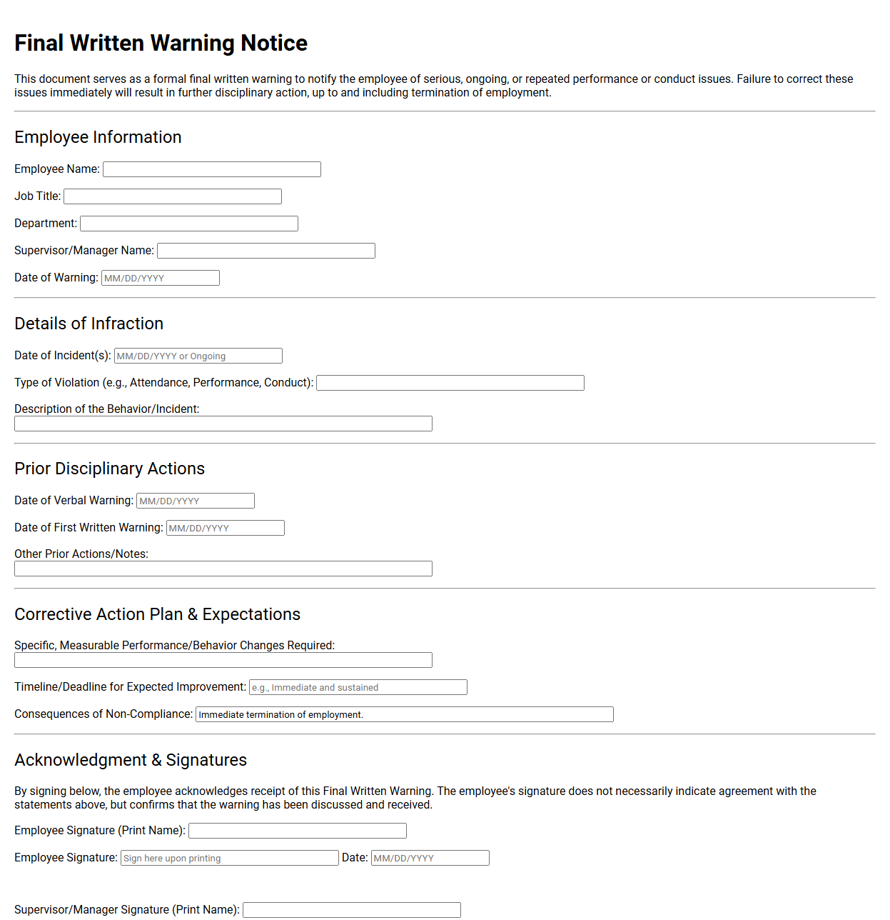 Final Written Warning Notice Form Template