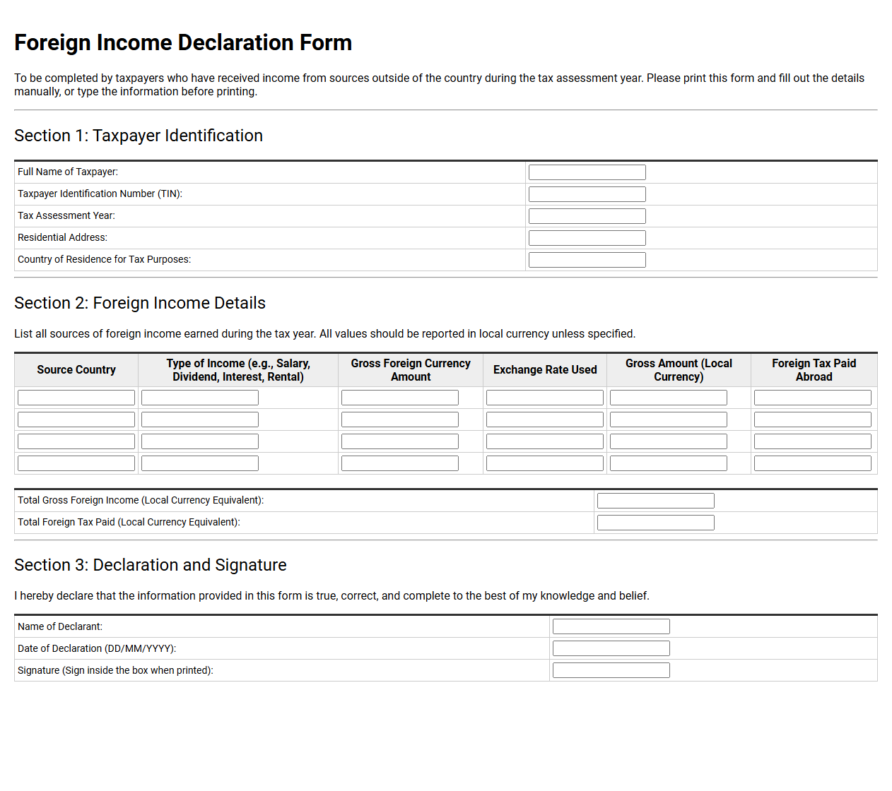 Foreign Income Declaration Form for Taxpayers