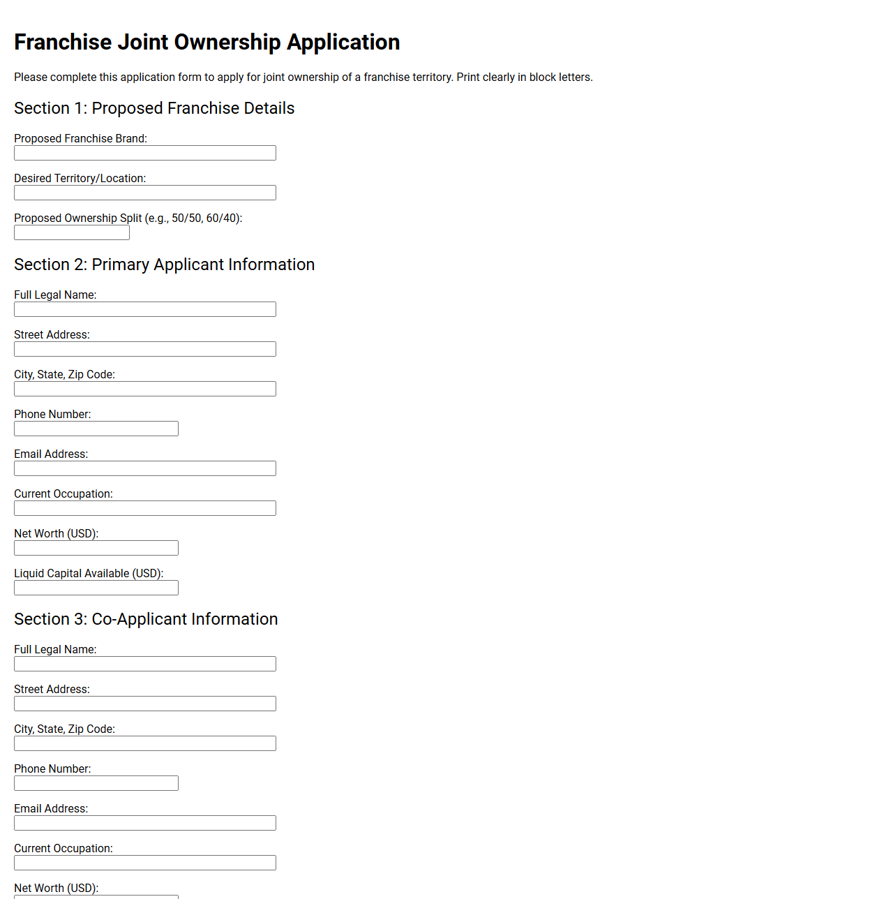 Franchise Joint Ownership Application Template