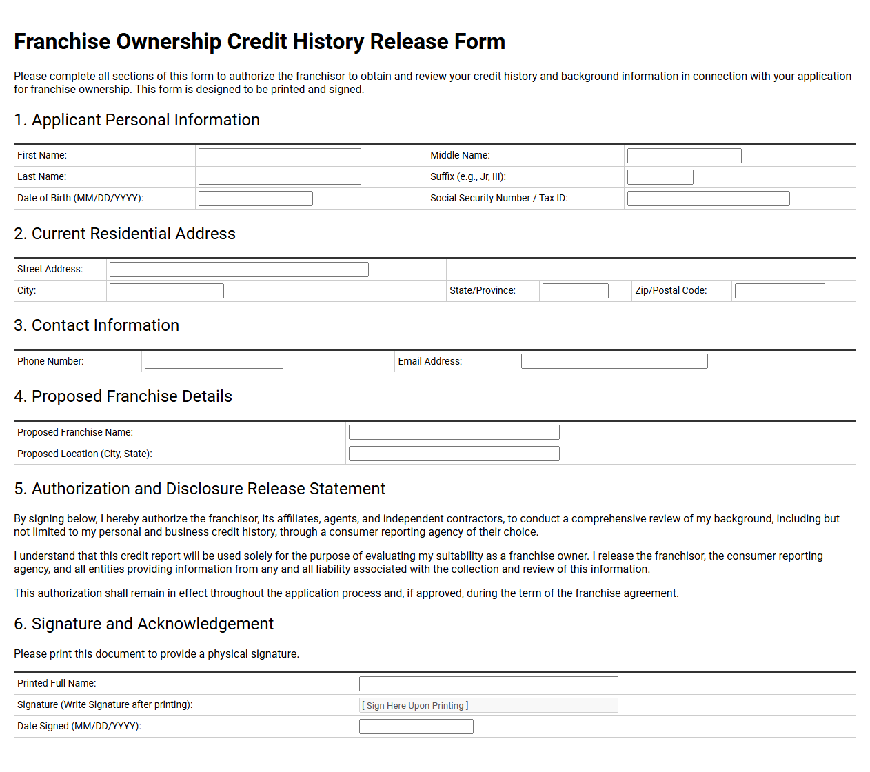 Franchise Ownership Credit History Release Form