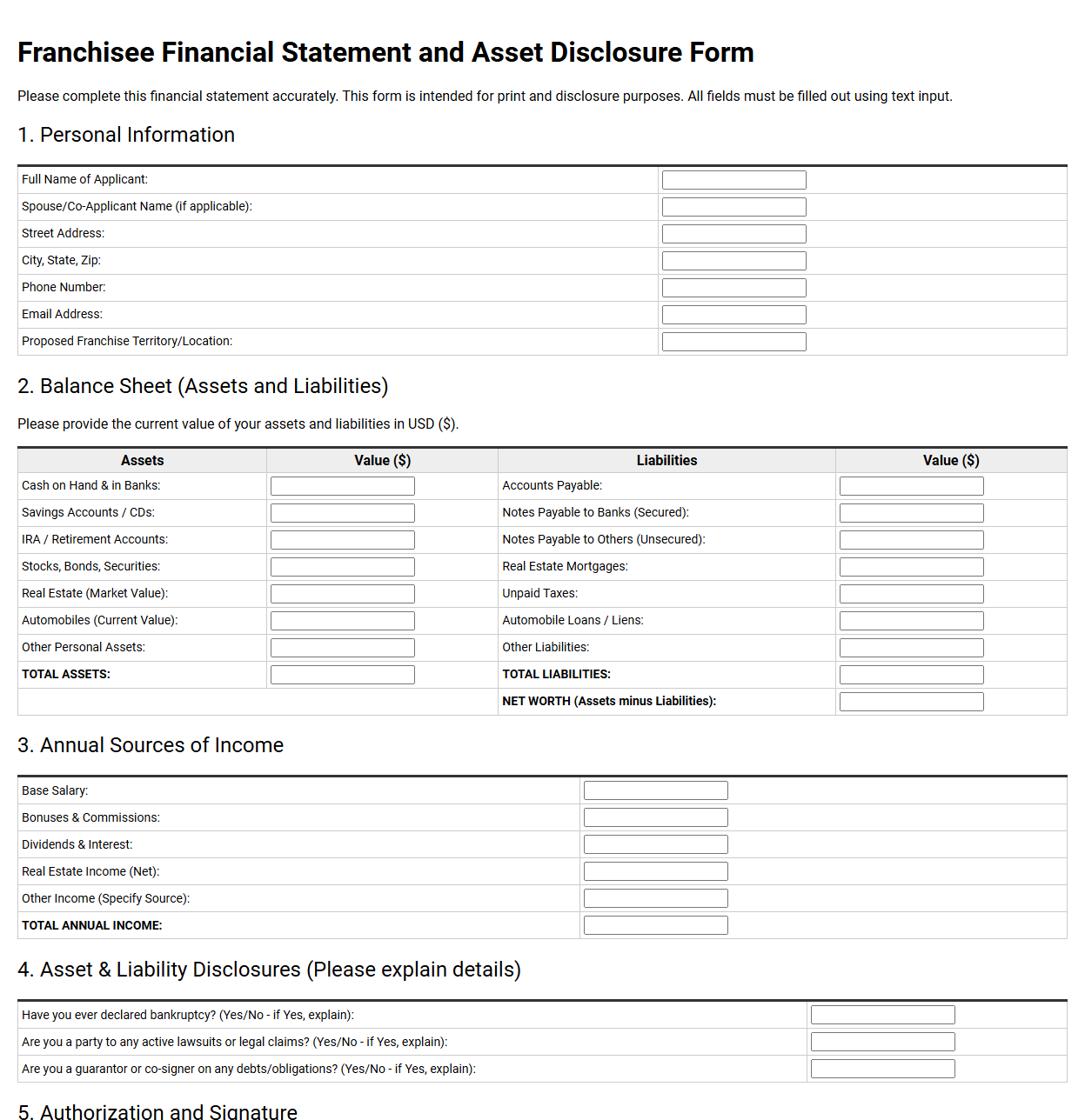 Franchisee Financial Statement and Asset Disclosure Form