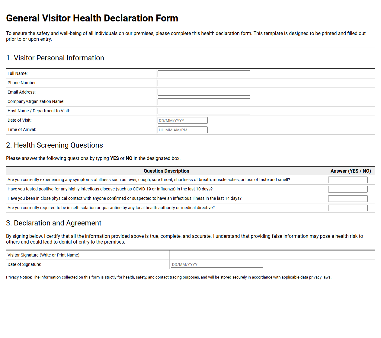 General Visitor Health Declaration Form Template