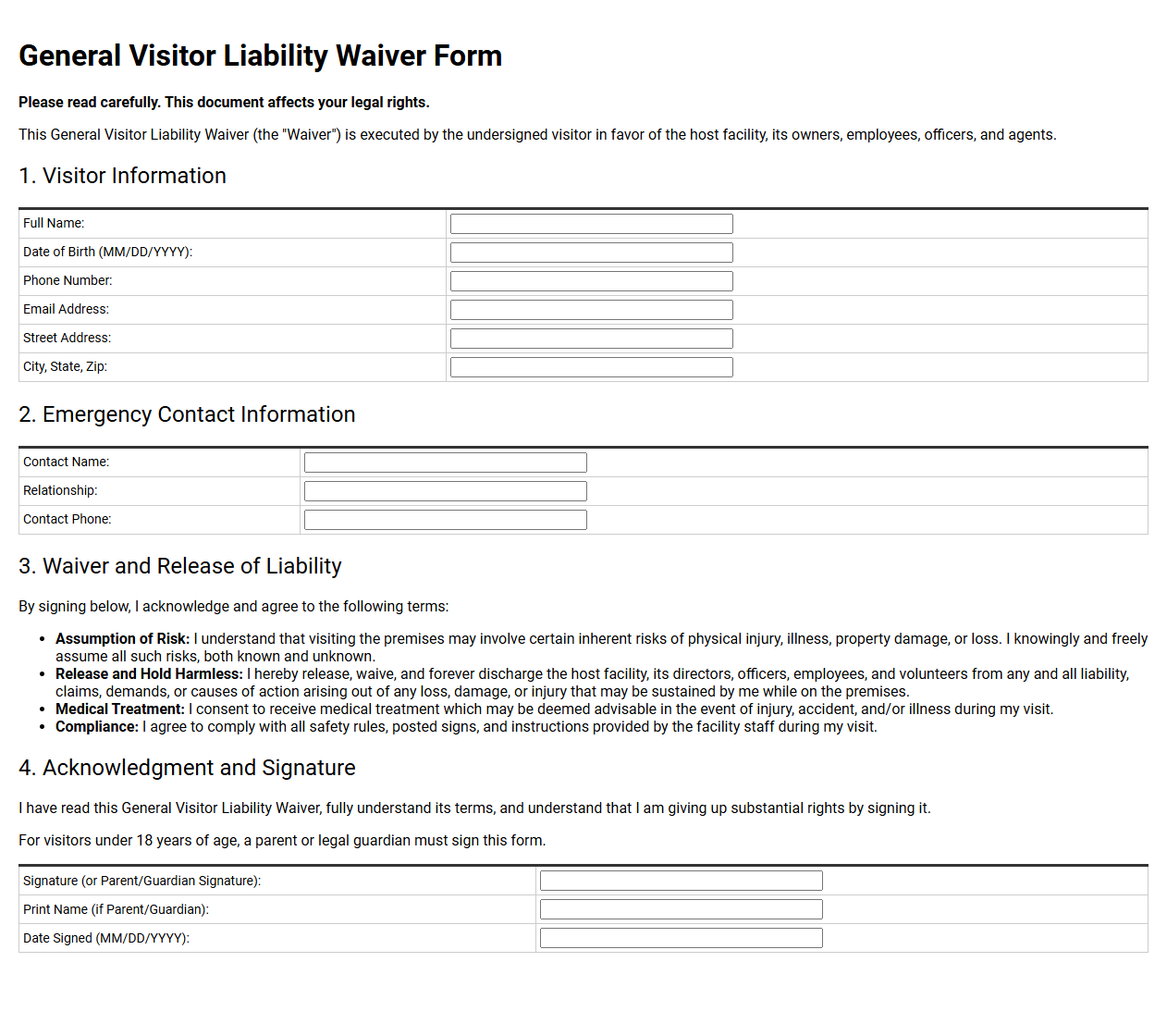 General Visitor Liability Waiver Form
