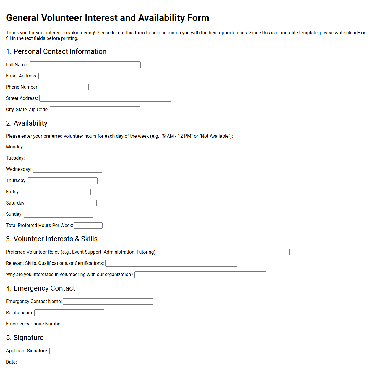 General Volunteer Interest and Availability Form Template