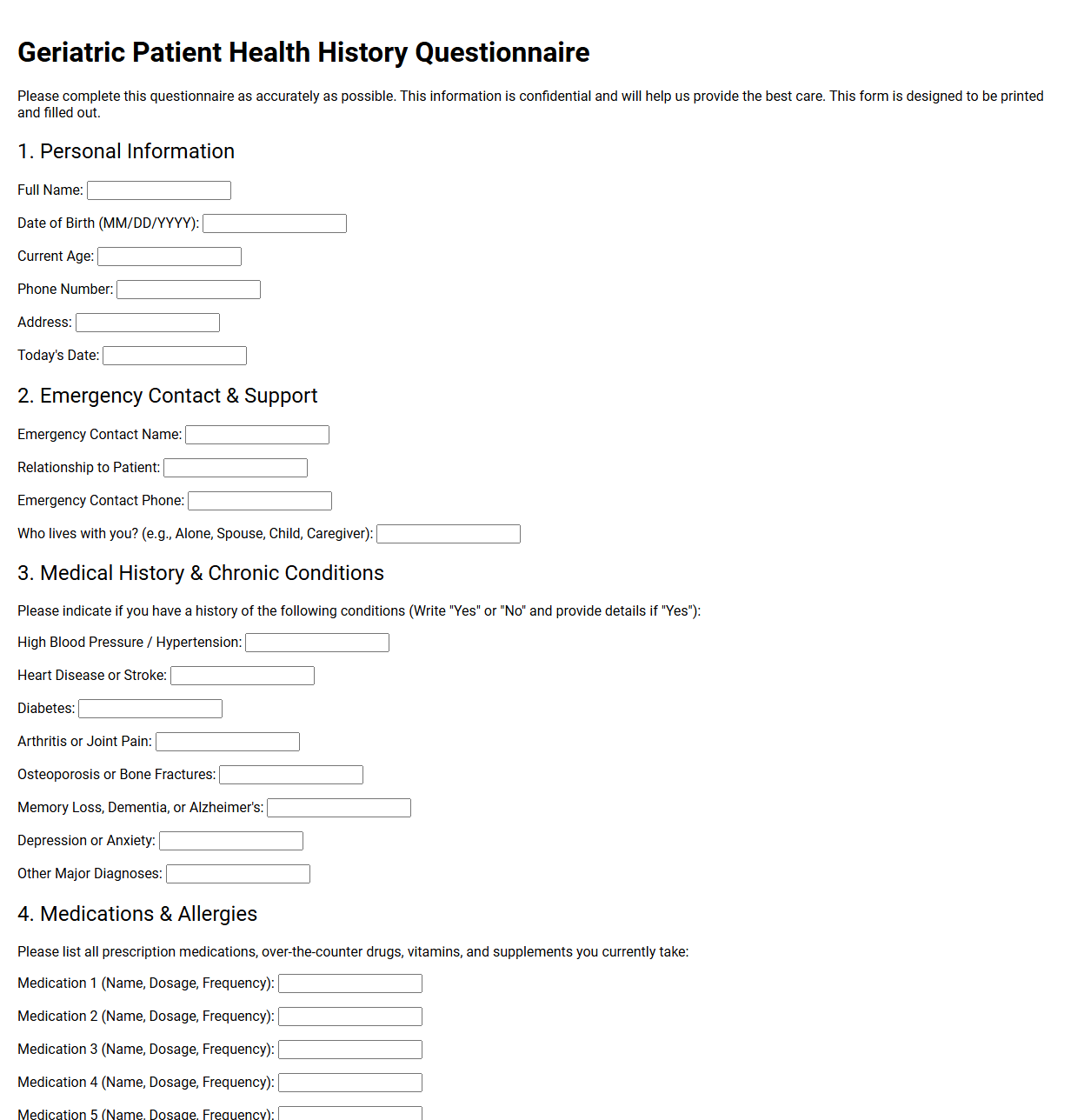 Geriatric Patient Health History Questionnaire